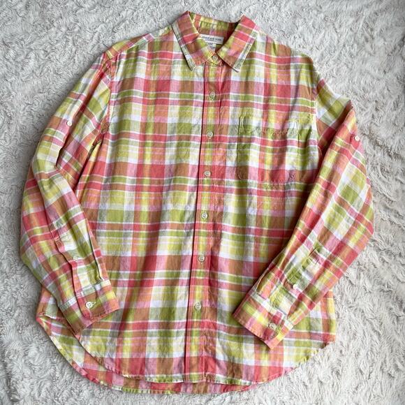 Vintage linen button-down shirt long sleeve plaid blouse watermelon pink green M - Picture 6 of 17